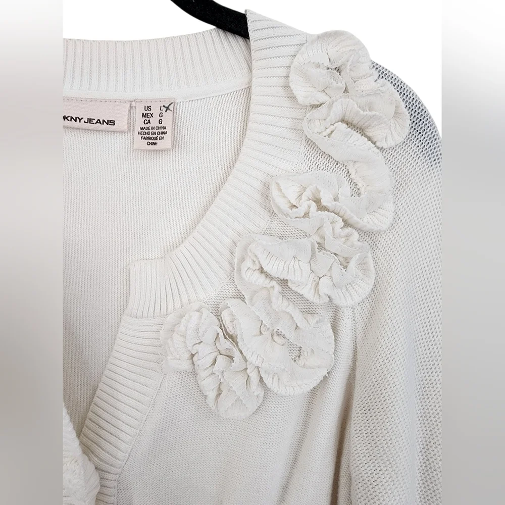 DKNY embellished ruffled collar V-neck peplum cardigan, size L